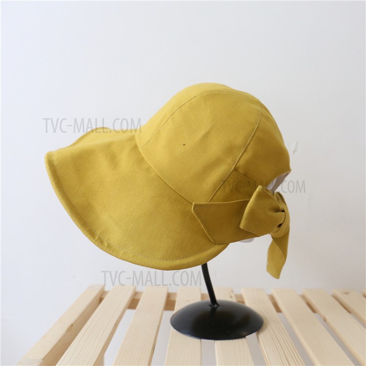 Lady Beach Wide Brim Sunscreen Hat Cotton and Linen Big Bowknot Solid Color Cap Casual Sunhats - Yellow-1