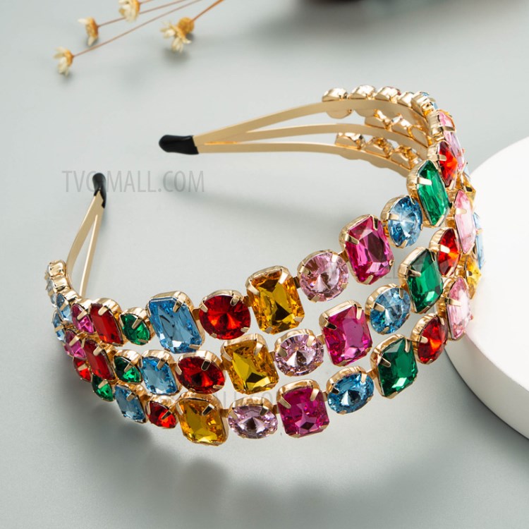 Metal Three-row Colorful Crystal Glass Drill Hair Hoop Bands Hairbands Rhinestone Headband for Women - Colorful-1