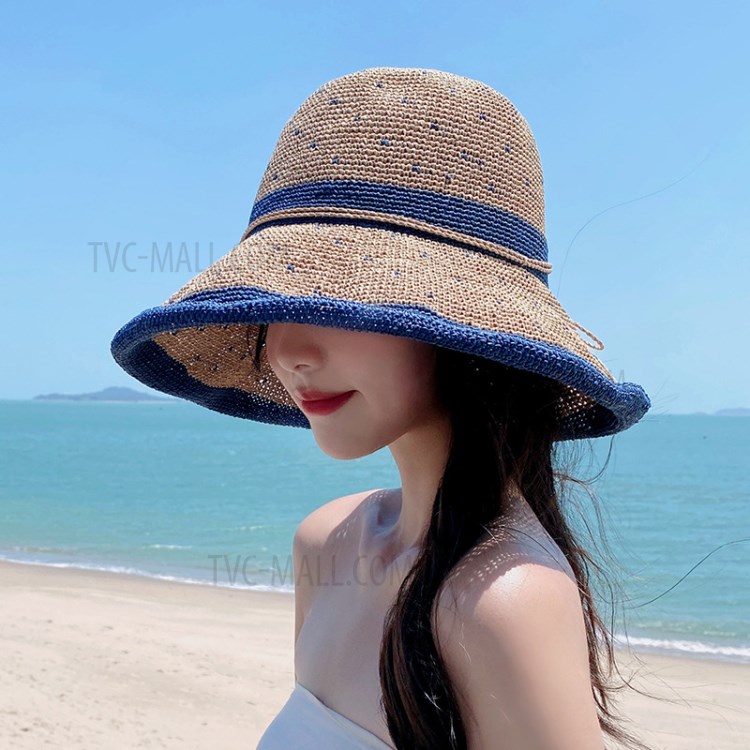 Straw Hat Women Summer Outing Sun Visor Holiday Breathable Hat Seaside Beach Cap - Navy Blue-1