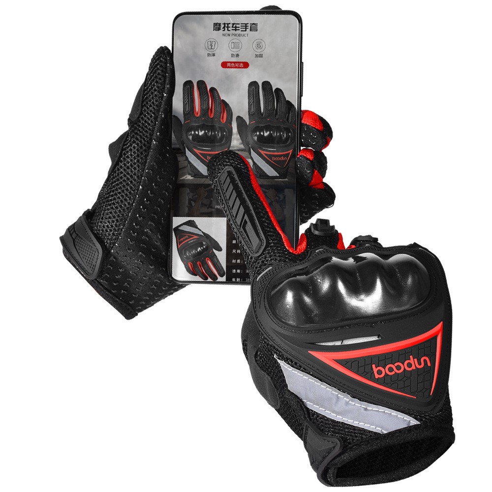 BOODUN 4281098 Full Finger Bicycle Anti-slip Gloves Wear-resistant Gloves Anti-Collision Hands Protectors with Reflective Stripes for Cycling Riding - Red/M-4