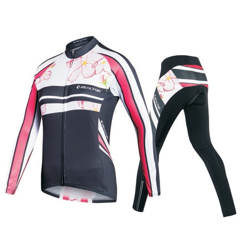 REALTOO TM-595427624770 Long Sleeve Workout Outfits 2 Piece Fitness Clothes Set Zippered Coat + 3D Padded Pants for Women Cycling Costume - 01-RT022 / S-2