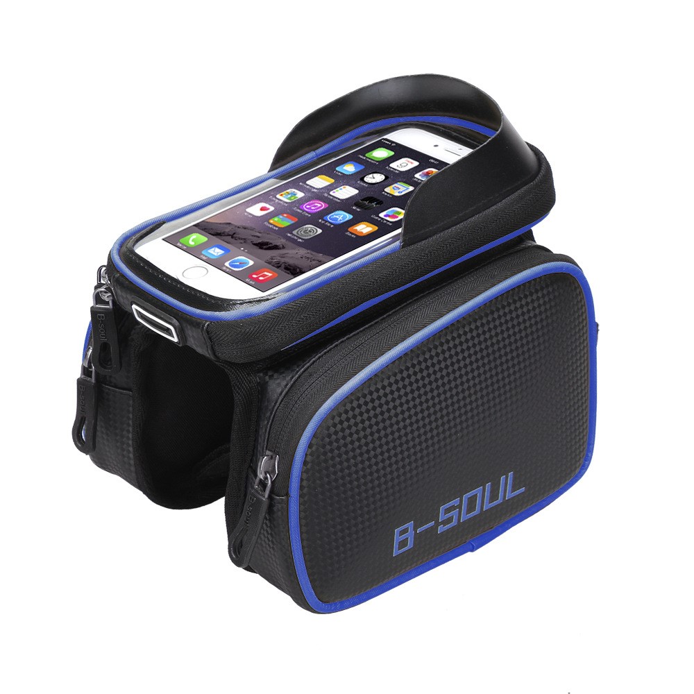 B-SOUL Cycling Bike Front Frame Bag Bicycle Tube Pannier Double Pouch 6.2inch Cellphone Touch Screen Pocket - Blue-2