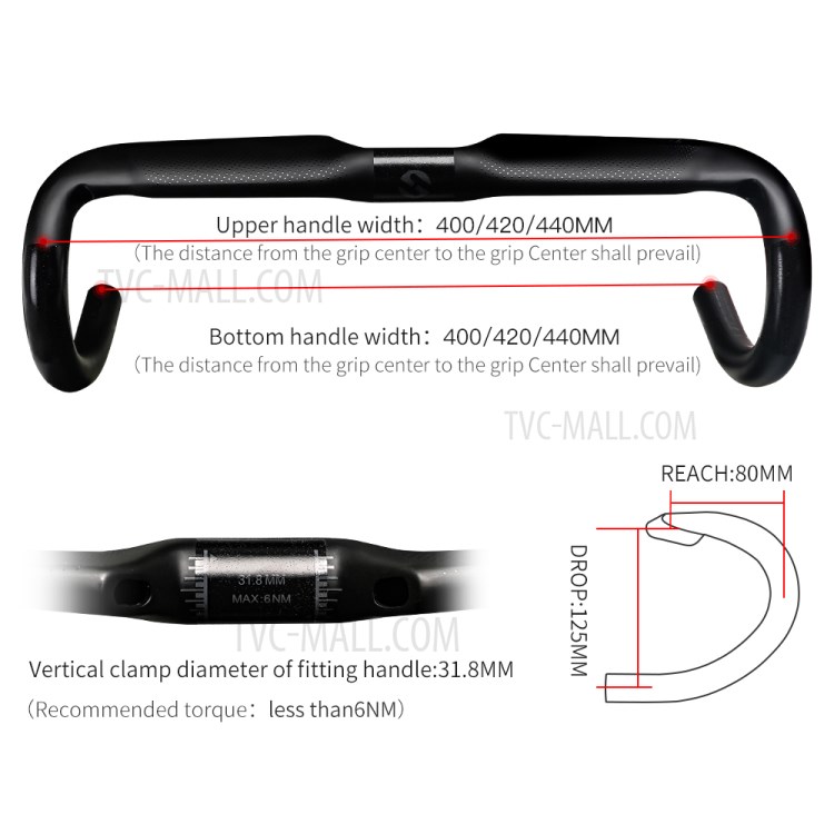 TOSEEK TR-3000 Carbon Handlebar Road Bike Drop Bent Handle Bar 31.8mm 420mm Reduce Resistance Bicycle Bar Accessories - Black-3