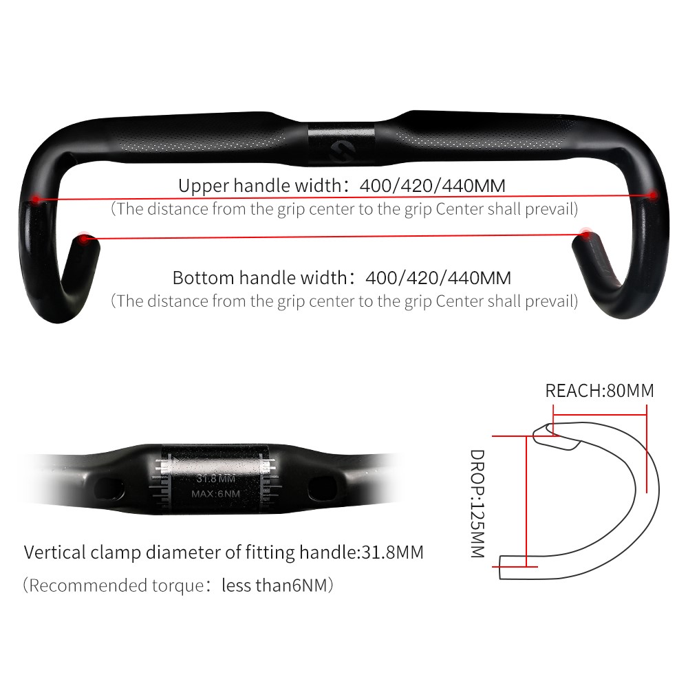 TOSEEK TR-3000 Carbon Fiber Handlebar Road Bike Drop Bent Handle Bar 31.8mm 400mm - Black-3
