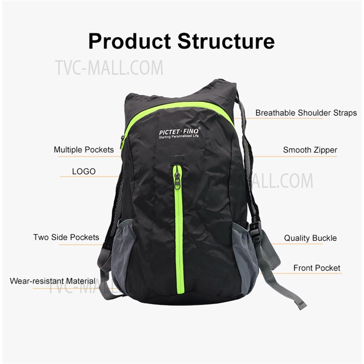 PICTET.FINO RH28 Foldable Breathable Outdoor Backpack Waterproof Travel Sackpack - Black-3