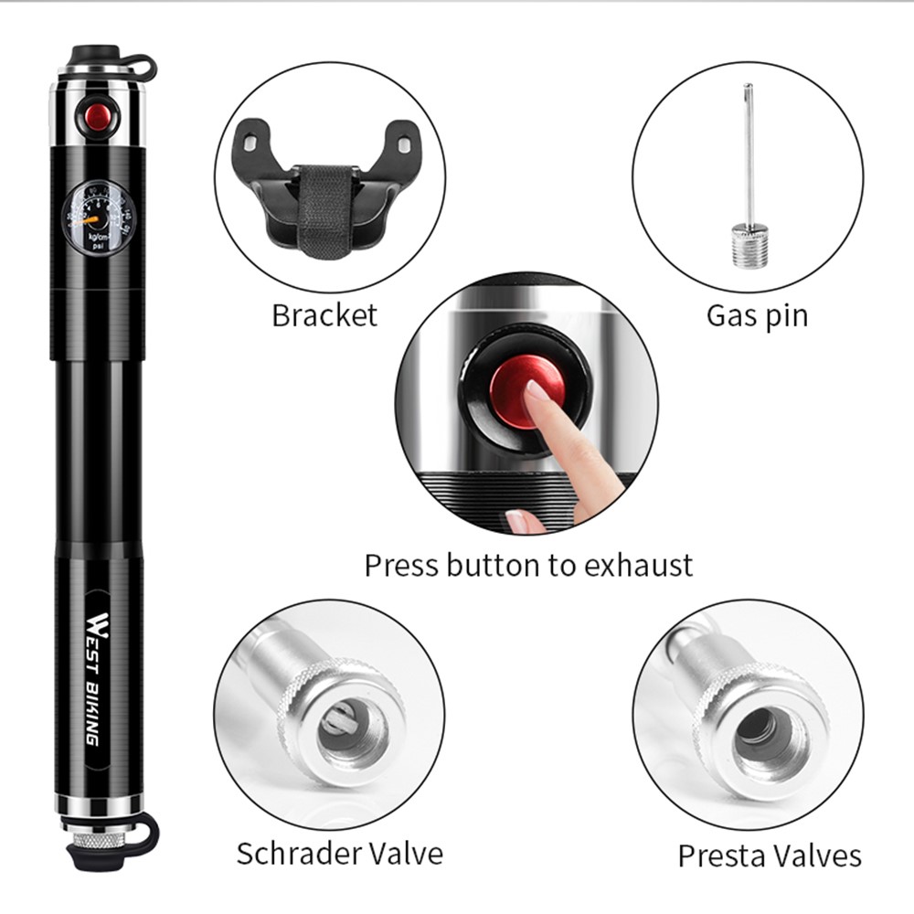 WEST BIKING Lightweight High-pressure Mini Pocket Inflator A/V and F/V Universal Inflation Pump-5