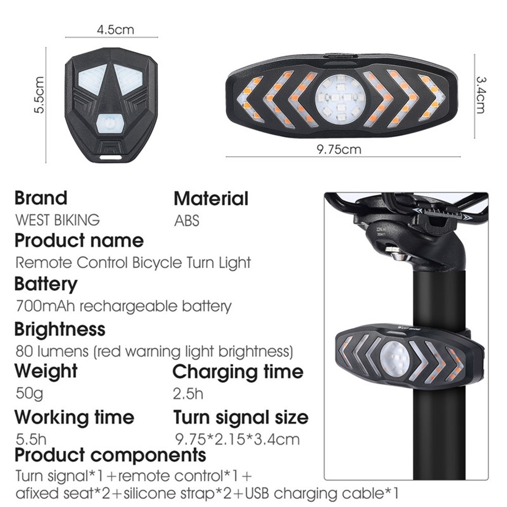 WEST BIKING YP0701313 Rechargeable Bike LED Tail Light Remote Control Bicycle Cycling Turn Signal Warning Rear Lamp with Horn Reminder Tone-10