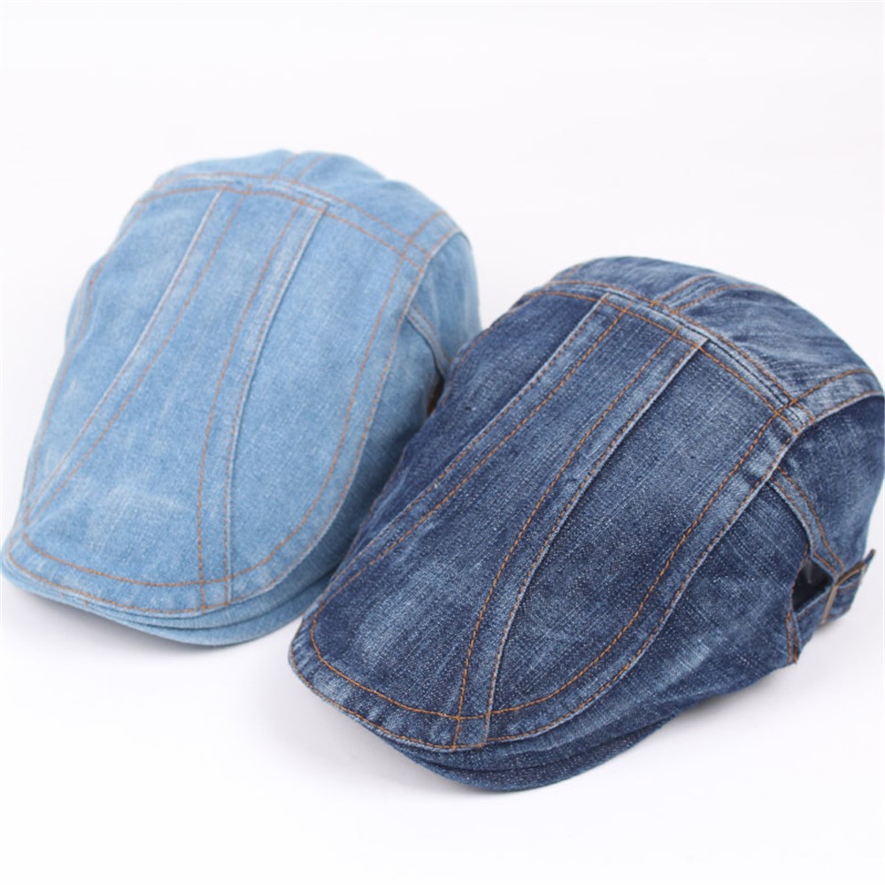 Retro Casual Denim Cap Men Women Adjustable Breathable Washed Cap Beret Hat - Diagonal Stripe Dark Blue-5
