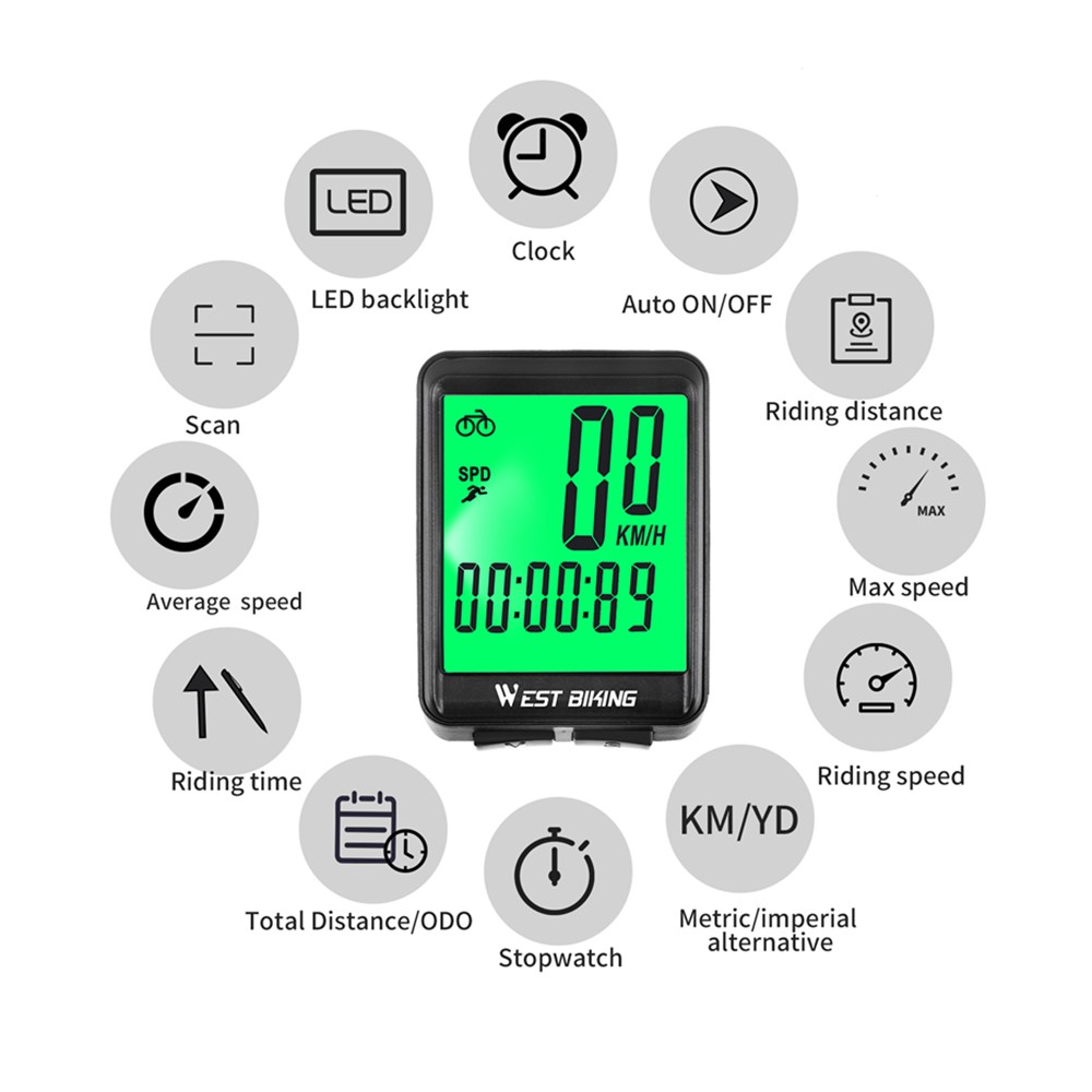 WEST BIKING Wired Road MTB Bike Computer Screen Backlight Waterproof Speedometer - Green Backlight-3