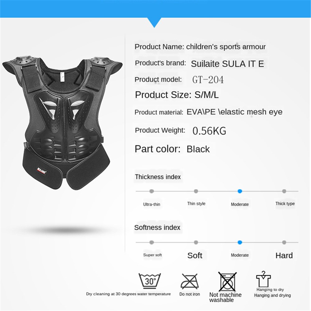 SULAITE Kid Skating Riding Body Armor Chest Protector Guard Vest Jacket Protective Gear - All Black / S-7