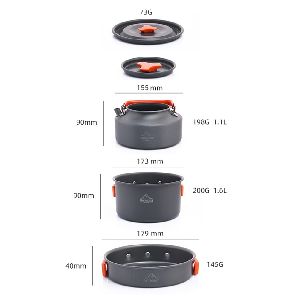 WIDESEA WSC-203J Suitable for 2-3 People Aluminum Camping Cookware Set Lightweight Outdoor Picnic Boiling Pot Teapot Frying Pan (BPA-free, No FDA Certified) - Grey/Orange-9