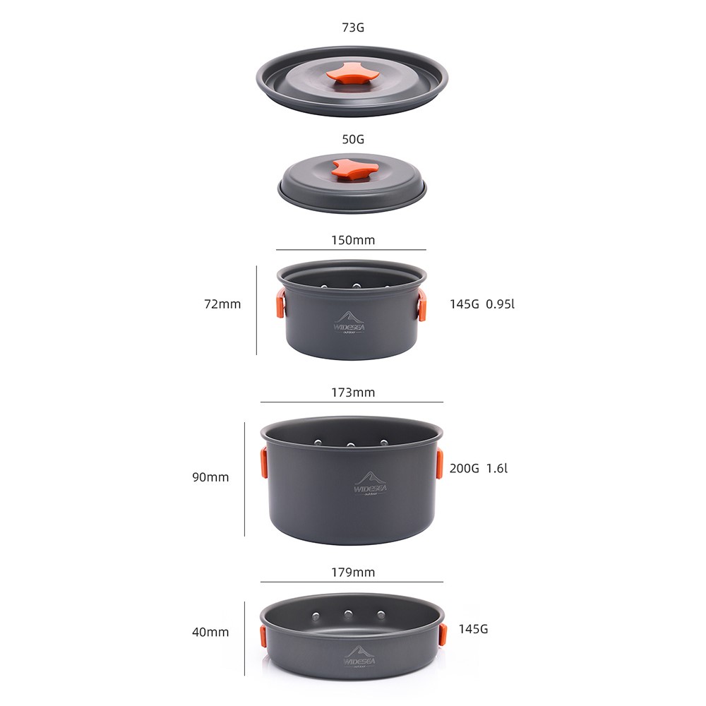 WIDESEA WSC-202J Aluminum Camping Cookware Set for 2-3 People, Lightweight Boiling Pot Teapot Frying Pan (BPA-free, No FDA Certified) - Orange-5