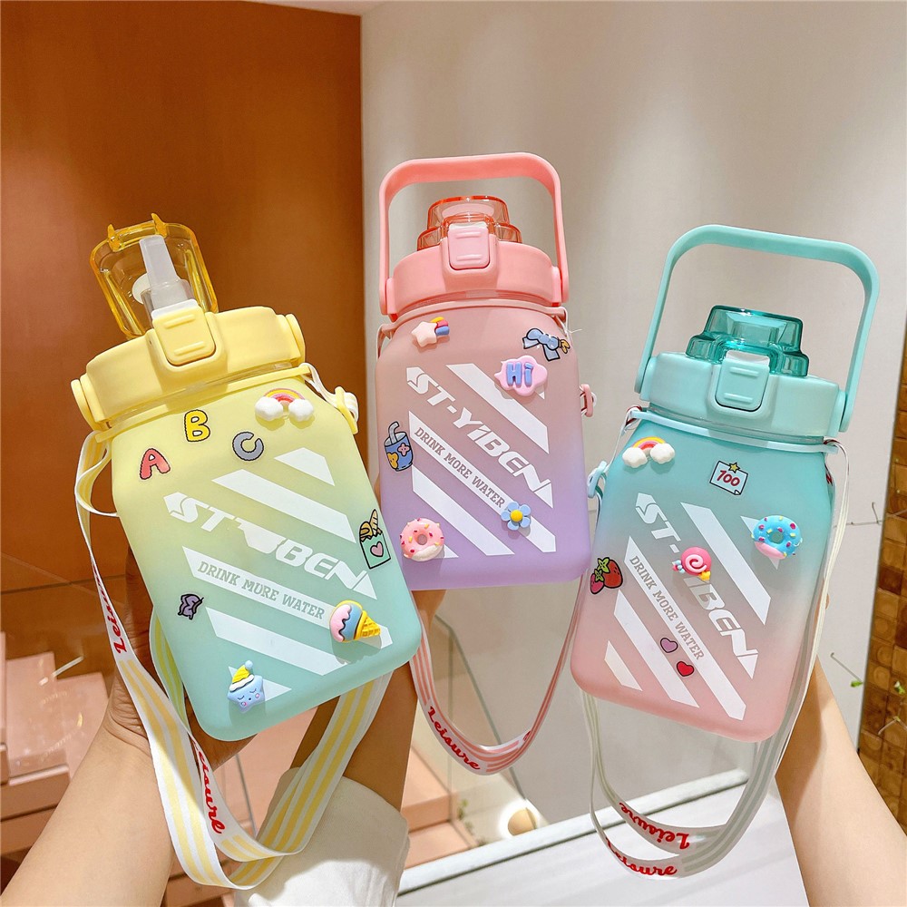 YB0715 1500ml Gradient Water Bottle Large Capacity Straw Kettle with Cartoon Stickers (No FDA Certificate, BPA-free) - Pink-11