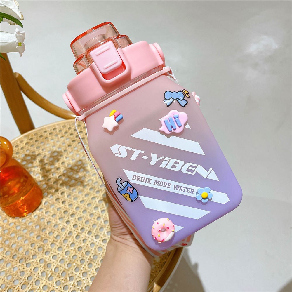 YB0715 1500ml Gradient Water Bottle Large Capacity Straw Kettle with Cartoon Stickers (No FDA Certificate, BPA-free) - Pink-2