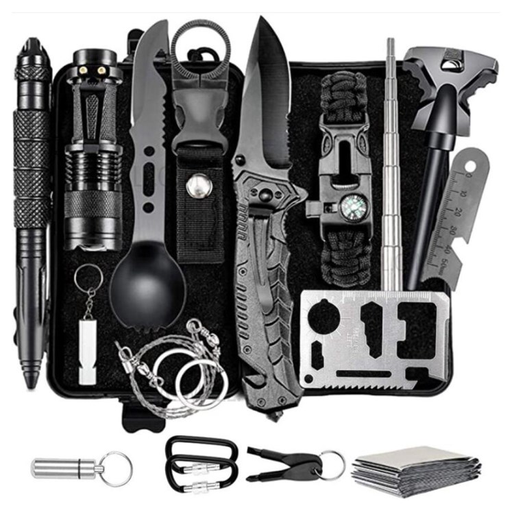 AGCY-05 15-in-1 Outdoor Survival Flintstone Flashlight Folding Knife Wire Saw Bracelet Emergency Blanket Whistle Carabiner Tools Kit-1