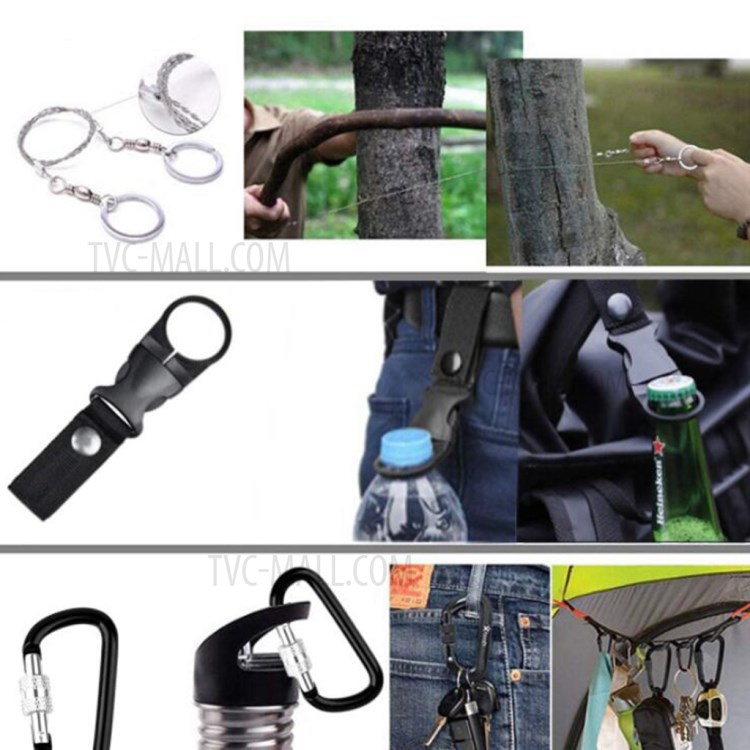 AGCY-05 15-in-1 Outdoor Survival Flintstone Flashlight Folding Knife Wire Saw Bracelet Emergency Blanket Whistle Carabiner Tools Kit-11