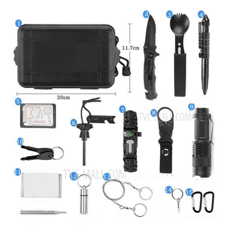 AGCY-05 15-in-1 Outdoor Survival Flintstone Flashlight Folding Knife Wire Saw Bracelet Emergency Blanket Whistle Carabiner Tools Kit-2