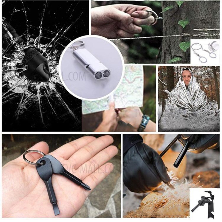 AGCY-05 15-in-1 Outdoor Survival Flintstone Flashlight Folding Knife Wire Saw Bracelet Emergency Blanket Whistle Carabiner Tools Kit-7