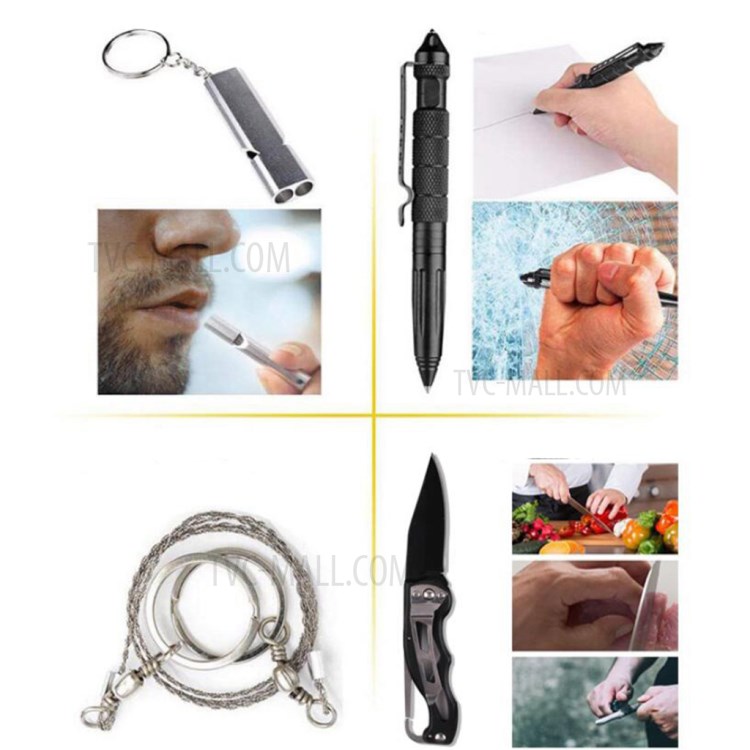 AGCY-06 10-in-1 Outdoor Survival Flintstone Compass Flashlight Folding Knife Wire Saw Emergency Blanket Whistle Tools Kit-2
