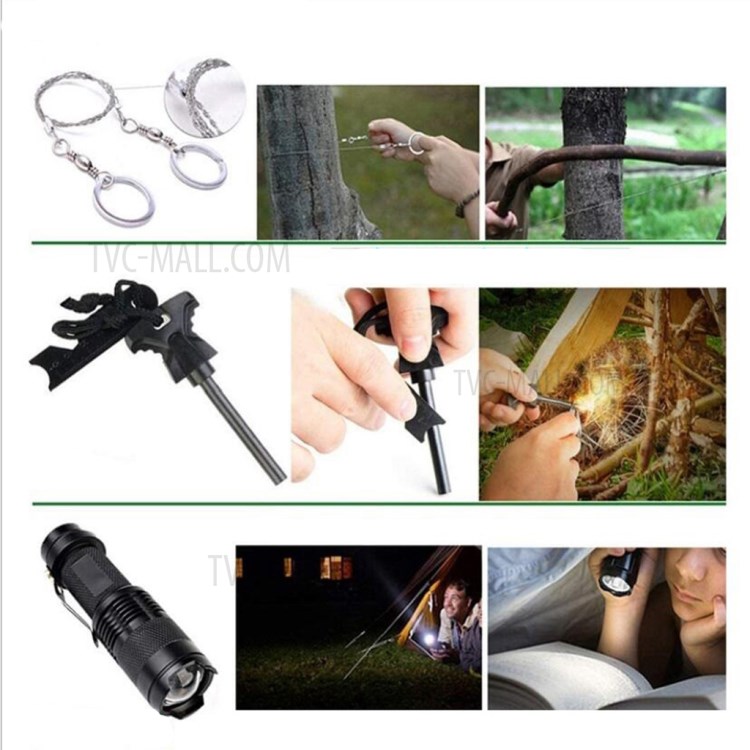 AGCY-06 10-in-1 Outdoor Survival Flintstone Compass Flashlight Folding Knife Wire Saw Emergency Blanket Whistle Tools Kit-4