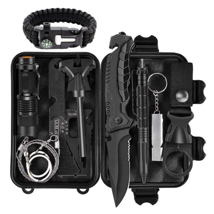 AGCY-35 10-in-1 Outdoor Survival Flintstone Flashlight Folding Knife Wire Saw Multi-Tool Card Bracelet Whistle Tools Kit-1