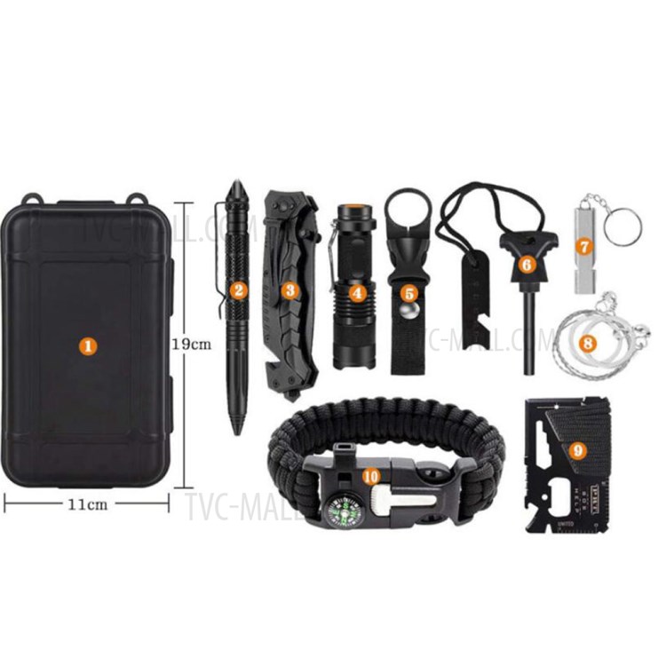 AGCY-35 10-in-1 Outdoor Survival Flintstone Flashlight Folding Knife Wire Saw Multi-Tool Card Bracelet Whistle Tools Kit-2