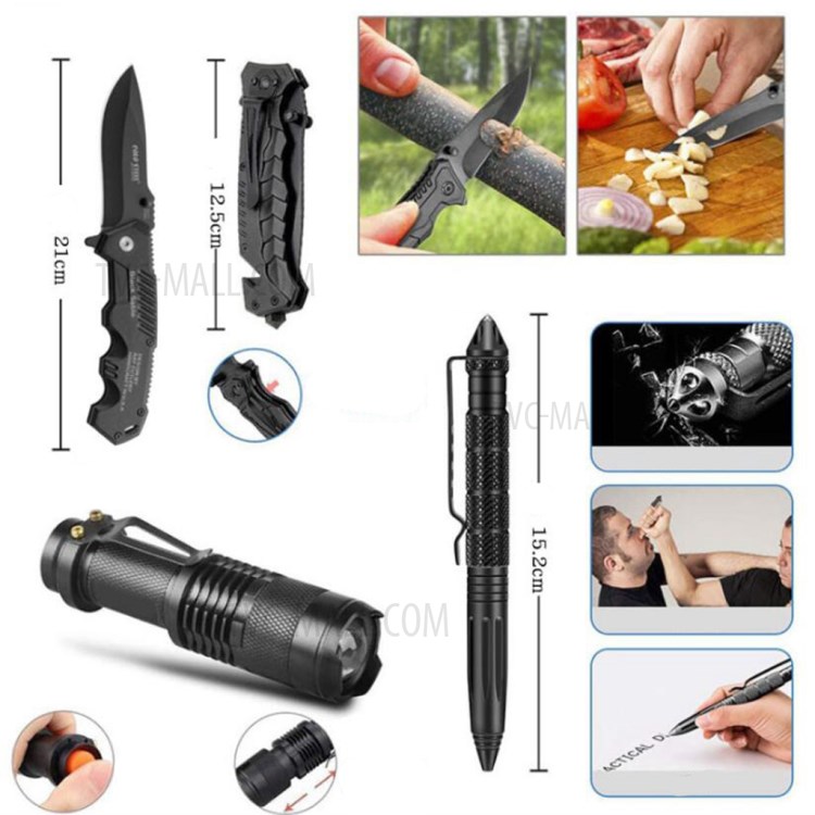 AGCY-35 10-in-1 Outdoor Survival Flintstone Flashlight Folding Knife Wire Saw Multi-Tool Card Bracelet Whistle Tools Kit-4