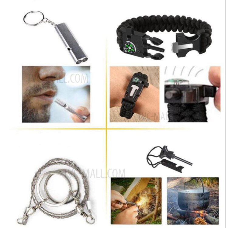 AGCY-35 10-in-1 Outdoor Survival Flintstone Flashlight Folding Knife Wire Saw Multi-Tool Card Bracelet Whistle Tools Kit-5