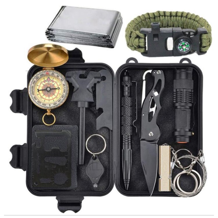 AGCY-07 12-in-1 Outdoor Survival Camping Hiking Flintstone Compass Flashlight Folding Knife Wire Saw Emergency Blanket Whistle Tools Kit-1