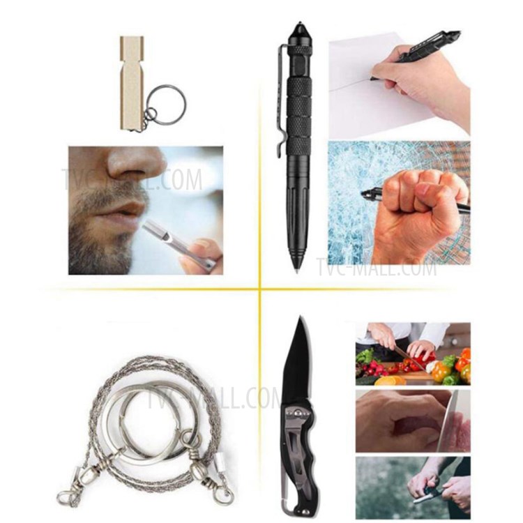 AGCY-07 12-in-1 Outdoor Survival Camping Hiking Flintstone Compass Flashlight Folding Knife Wire Saw Emergency Blanket Whistle Tools Kit-3