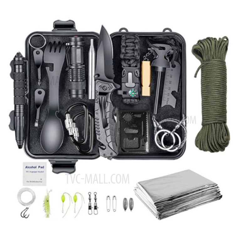 AGCY-08 16-in-1 Outdoor Camping Hiking Flintstone Flashlight Folding Knife Wire Saw Emergency Blanket Rope Survival Tools Kit-1