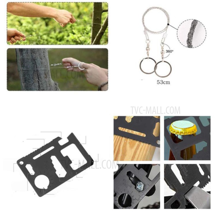 AGCY-08 16-in-1 Outdoor Camping Hiking Flintstone Flashlight Folding Knife Wire Saw Emergency Blanket Rope Survival Tools Kit-11