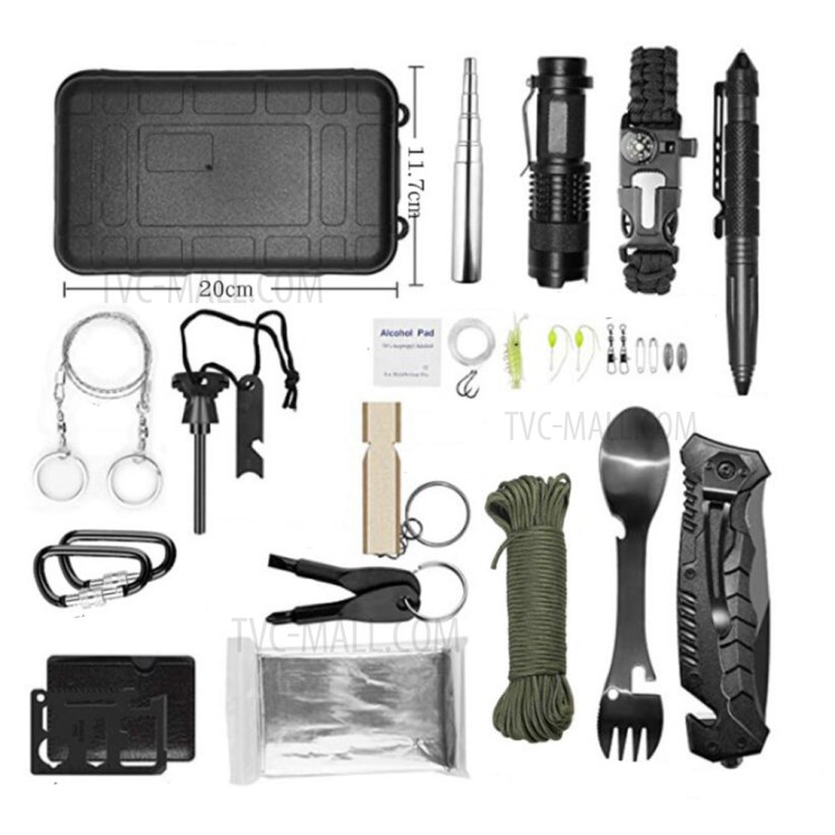 AGCY-08 16-in-1 Outdoor Camping Hiking Flintstone Flashlight Folding Knife Wire Saw Emergency Blanket Rope Survival Tools Kit-2