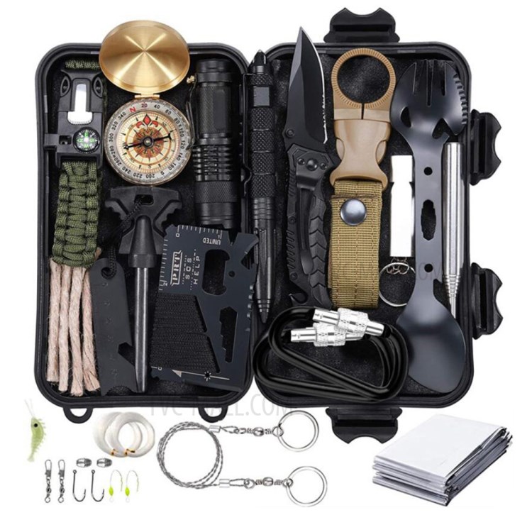 AGCY-49 Multi-function Outdoor Survival Firestone Compass Flashlight Knife Emergency Blanket Fishing Tool Kit-1