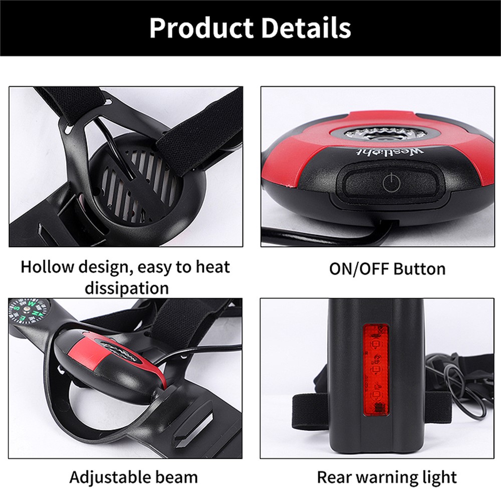 WEST BIKING Outdoor Sports Running LED Chest Lights USB Charge Flashlight with Compass Night Cycling Safety Warning Light - Black / Red-12