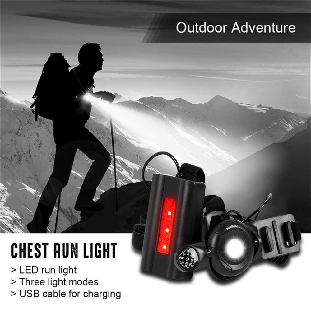 WEST BIKING Outdoor Sports Running LED Chest Lights USB Charge Flashlight with Compass Night Cycling Safety Warning Light - Black / Red-8