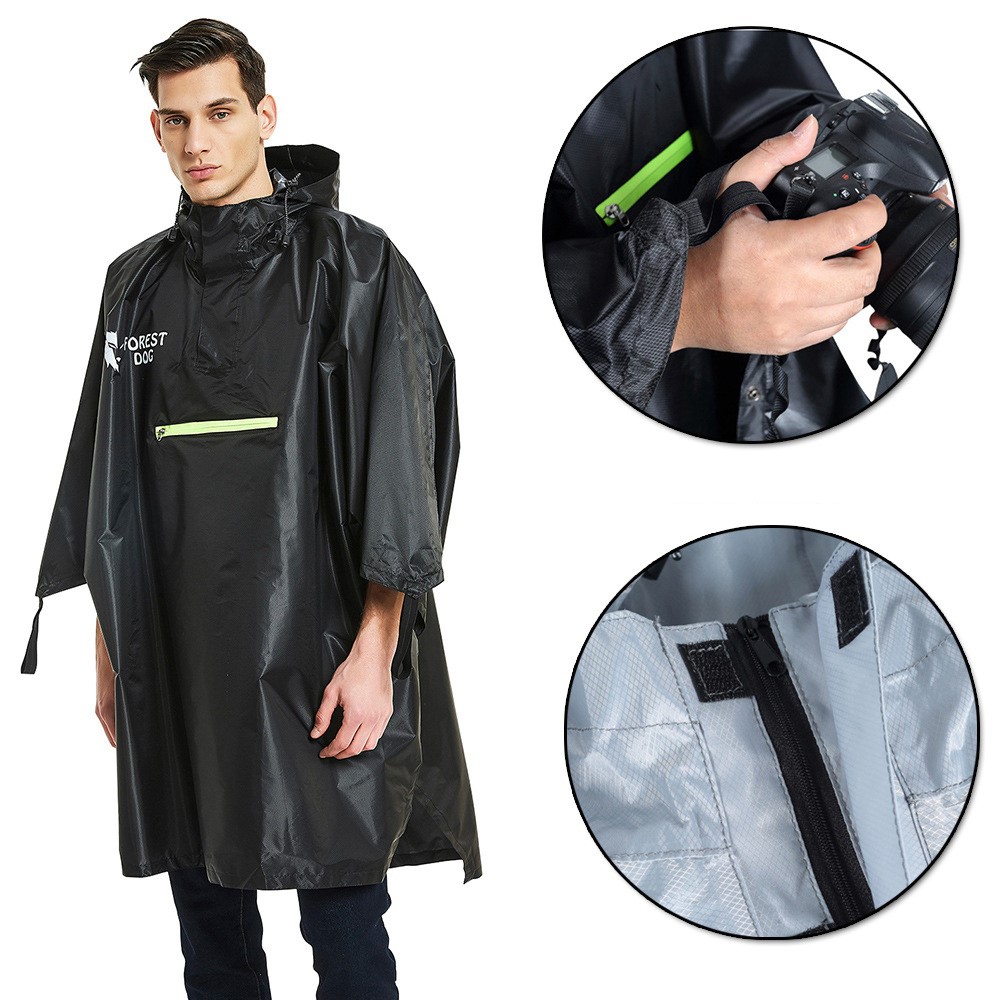 FOREST DOG Men Women Outdoor Camping Hiking Rain Poncho Reflective Raincoat - Black-4