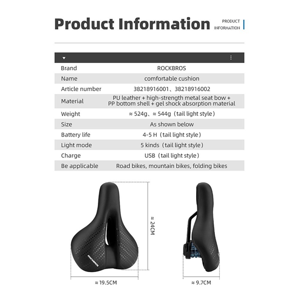 ROCKBROS 38218916001 Waterproof PU Leather Bicycle Cushion Shock-absorption MTB Bike Saddle Seat with Tail Light-2