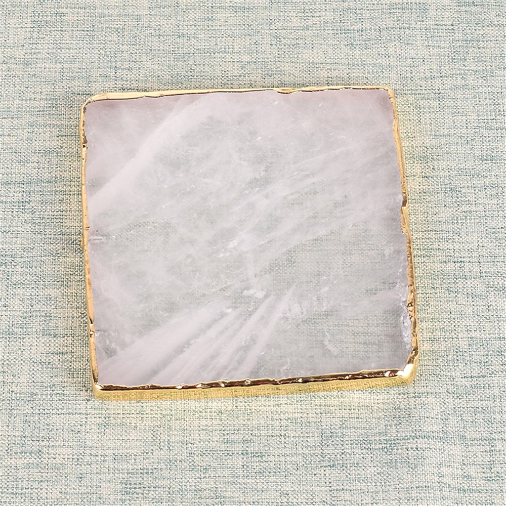 Gems Craft Mat Rock Quartz Heart Shape Slice Pad Electroplated Gold Edge Crystal Coaster Cup Beverage Holder - Square-1