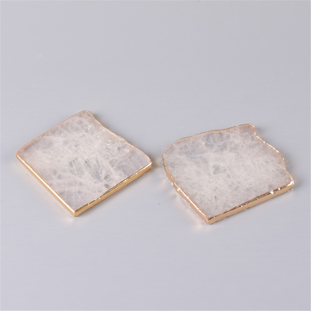 Gems Craft Mat Rock Quartz Heart Shape Slice Pad Electroplated Gold Edge Crystal Coaster Cup Beverage Holder - Square-2