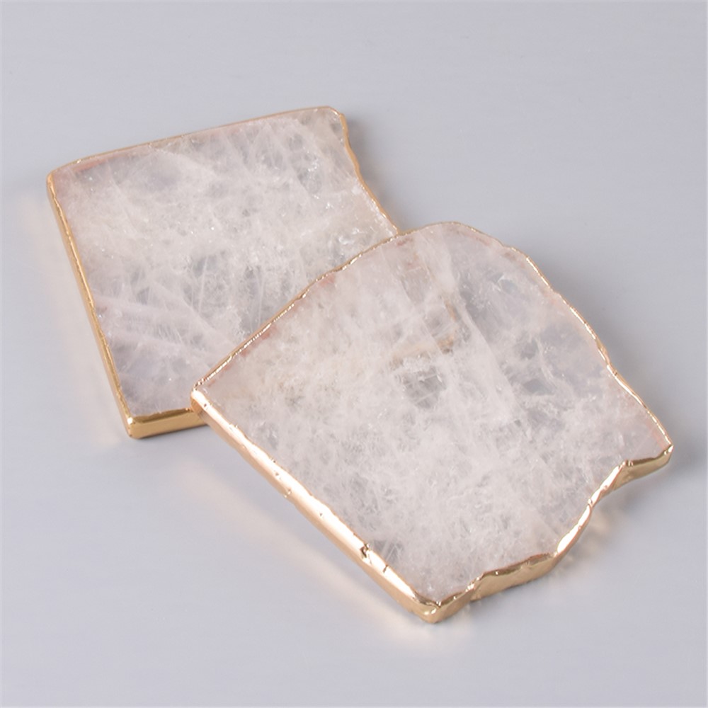 Gems Craft Mat Rock Quartz Heart Shape Slice Pad Electroplated Gold Edge Crystal Coaster Cup Beverage Holder - Square-3