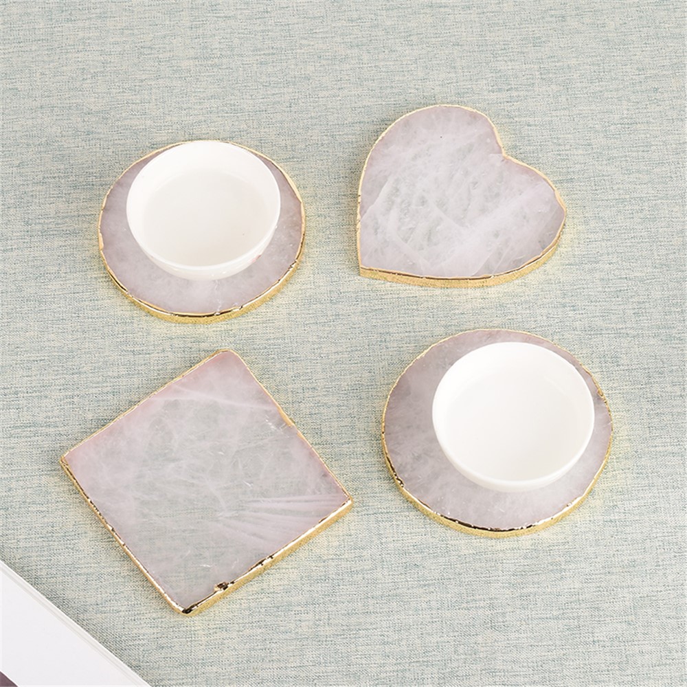 Gems Craft Mat Rock Quartz Heart Shape Slice Pad Electroplated Gold Edge Crystal Coaster Cup Beverage Holder - Square-4