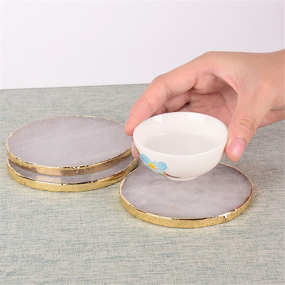 Gems Craft Mat Rock Quartz Heart Shape Slice Pad Electroplated Gold Edge Crystal Coaster Cup Beverage Holder - Square-5