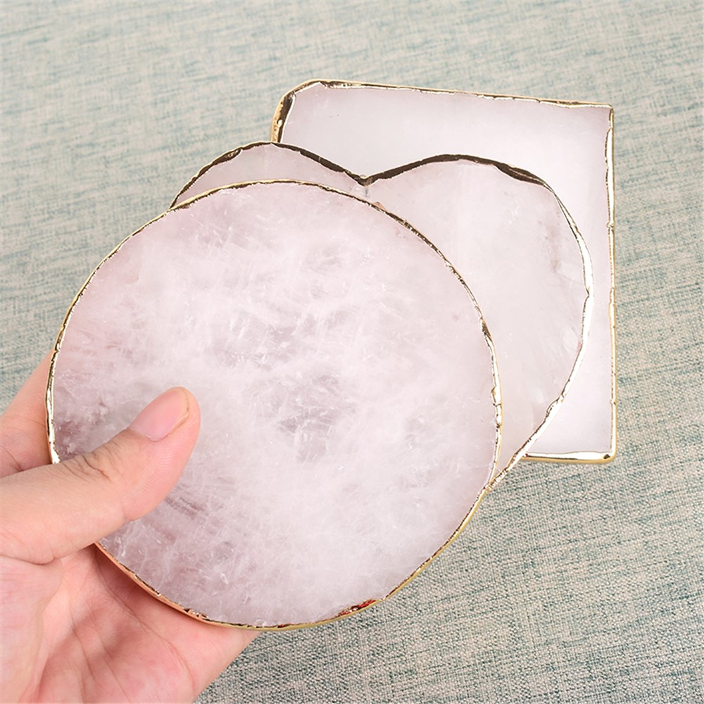 Gems Craft Mat Rock Quartz Heart Shape Slice Pad Electroplated Gold Edge Crystal Coaster Cup Beverage Holder - Square-6