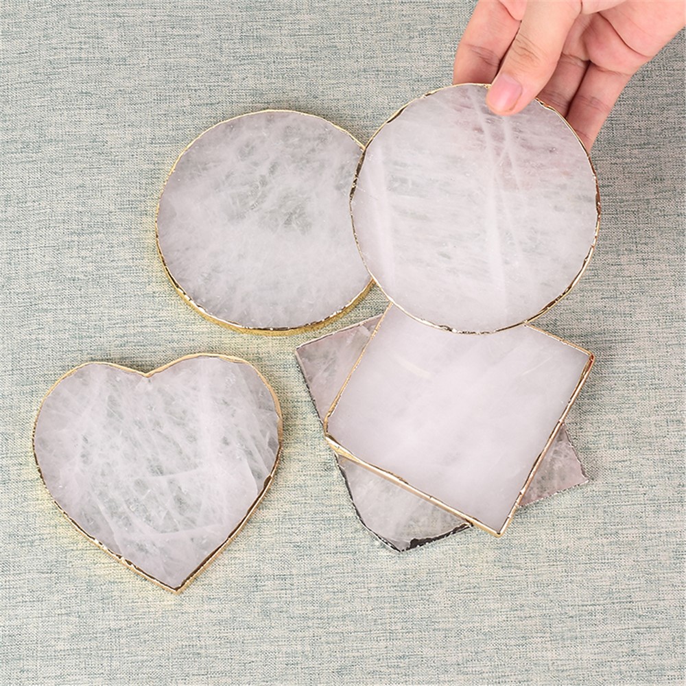 Gems Craft Mat Rock Quartz Heart Shape Slice Pad Electroplated Gold Edge Crystal Coaster Cup Beverage Holder - Square-7