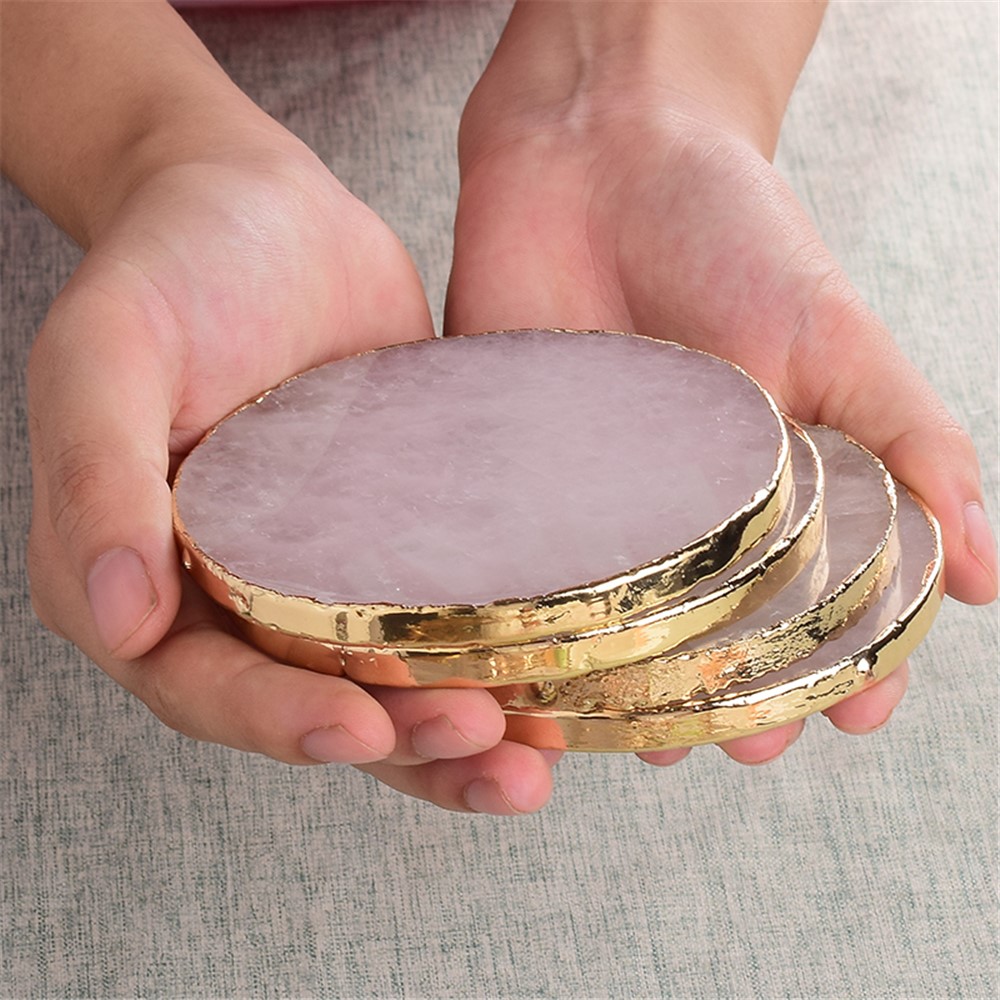 Gems Craft Mat Rock Quartz Heart Shape Slice Pad Electroplated Gold Edge Crystal Coaster Cup Beverage Holder - Square-8