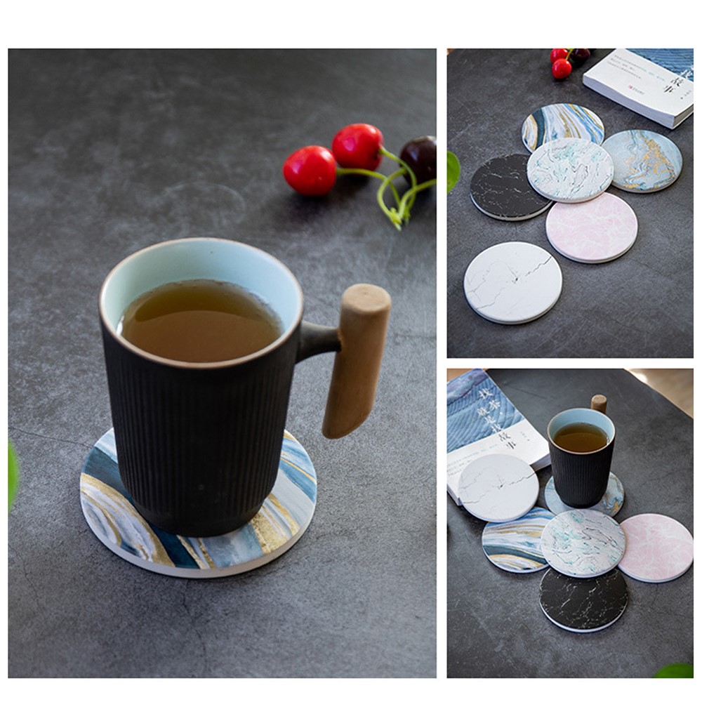 Marble Grain Cup Coaster Nordic Insulated Absorbent Round Ceramic Coffee Mug Placemat - Black-3