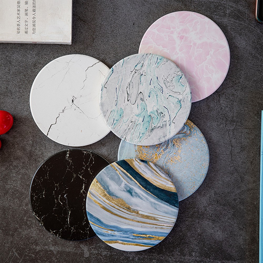 Marble Grain Cup Coaster Nordic Insulated Absorbent Round Ceramic Coffee Mug Placemat - Black-5