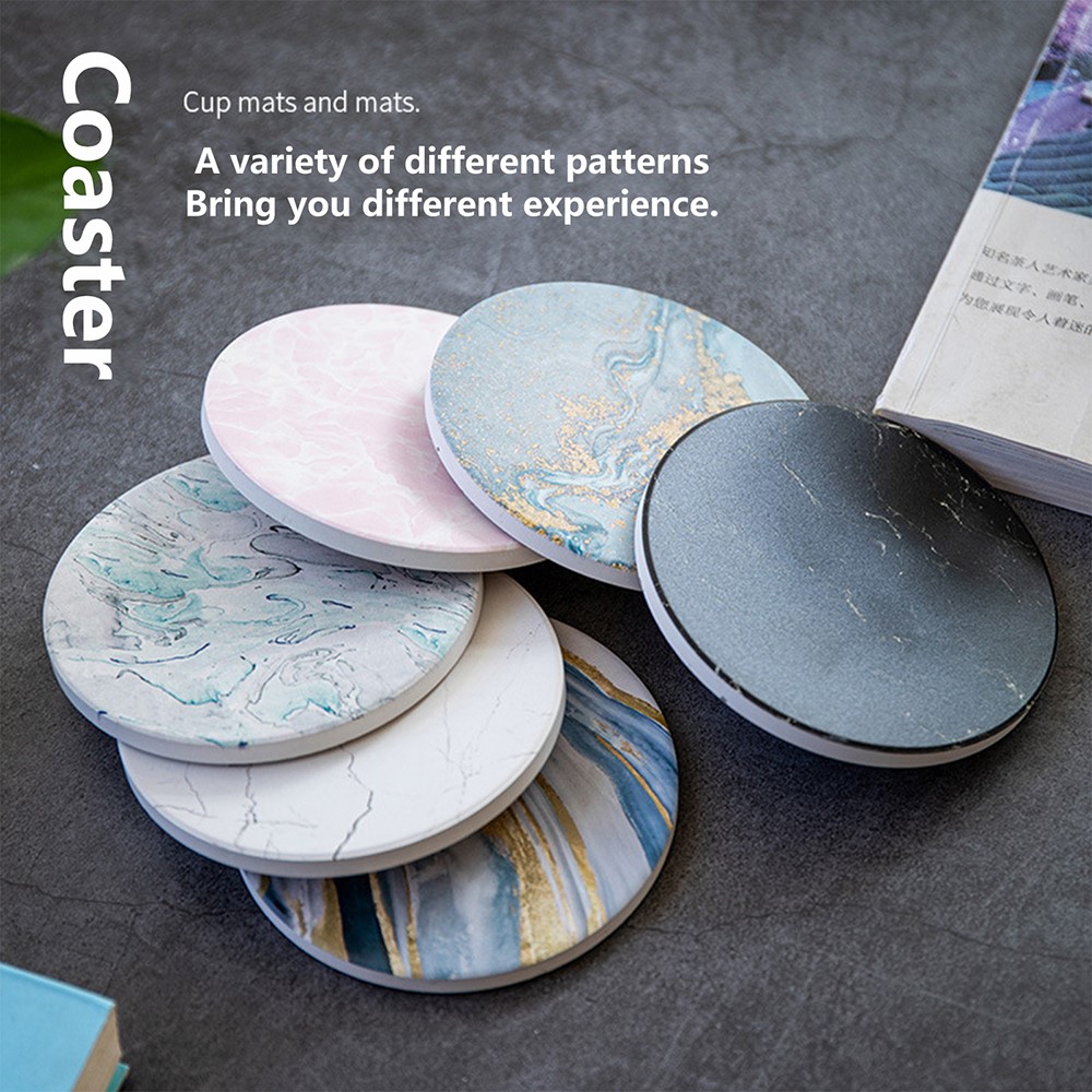 Marble Grain Cup Coaster Nordic Insulated Absorbent Round Ceramic Coffee Mug Placemat - Black-6