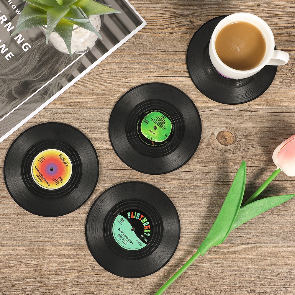 6pcs M1 Retro Disk Vinyl CD Fun Drink Coasters Kitchen Heat Resistant Anti-slip Mats Cup Bowl Dish Pads-7